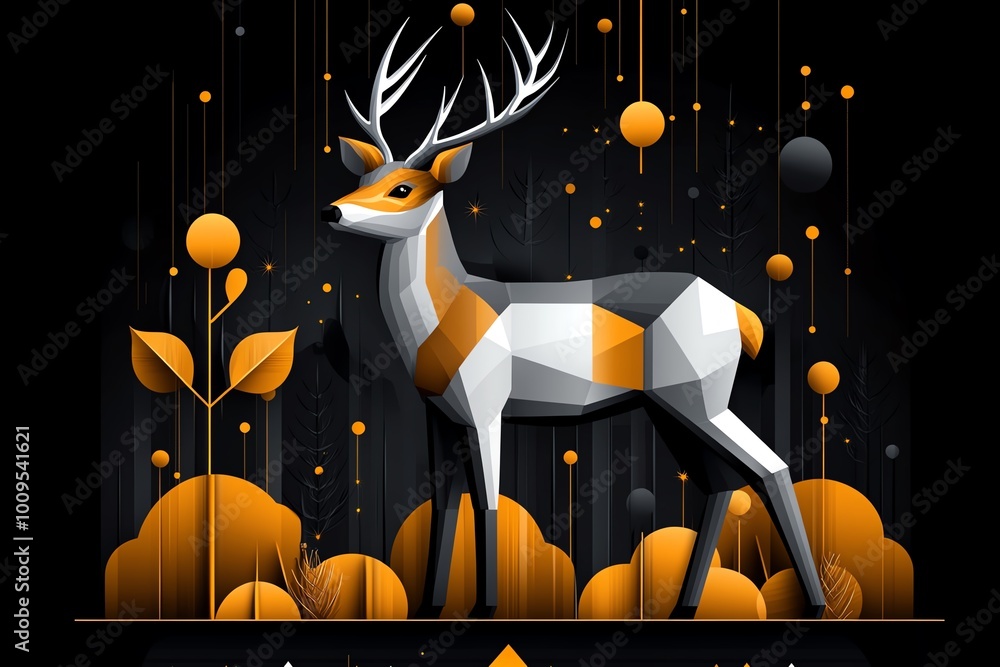 Poster Geometric design of a deer standing in a forest, using abstract shapes and muted colors to represent the connection between fauna and the natural world