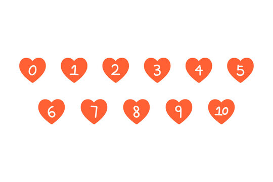 Hand drawn heart shape number 0-10 bullet point collection. Holiday celebration, romance, love, anniversary concepts. Flat decorative vector design isolated illustration.