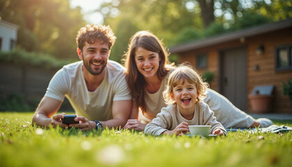 Fototapeta premium Happy family playing in backyard, Family enjoying the outdoors, Her boys fill her life with joy. Cropped shot of a young family spending time together outdoors, family concept 