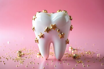 A white tooth adorned with gold star decorations on a pink background, symbolizing dental health and festive celebration. Perfect for dental-themed designs with a touch of luxury and elegance.