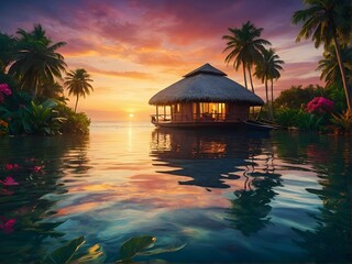 Fototapeta premium Experience the Serenity of a Tropical Beachfront Bungalow at Stunning Sunset Hours