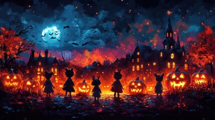 whimsical digital art depicting children in costumes joyfully trickortreating on halloween night capturing the festive spirit with vibrant colors and playful details in a charming illustration
