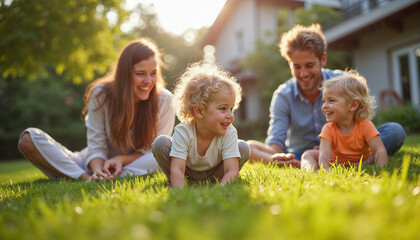 Fototapeta premium Happy family playing in backyard, Family enjoying the outdoors, Her boys fill her life with joy. Cropped shot of a young family spending time together outdoors, family concept 