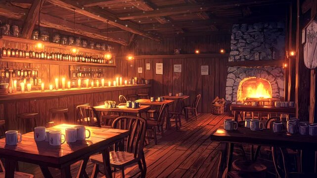 Rustic tavern interior with wooden tables, cozy fireplace, and candlelit atmosphere. Seamless looping 4K video background