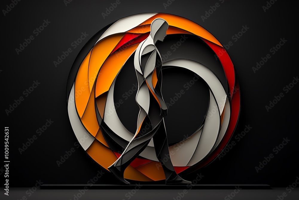 Poster geometric design of a figure walking away, with abstract shapes and muted tones representing the sim