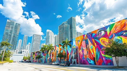 Vibrant street art in urban Miami showcases colorful murals against a backdrop of modern skyscrapers and bright blue skies.