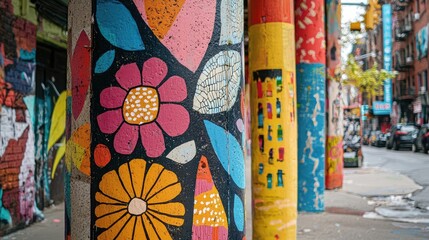 Fototapeta premium Vibrant street art decorating urban pillars with colorful flowers and patterns, showcasing creativity in an urban landscape.