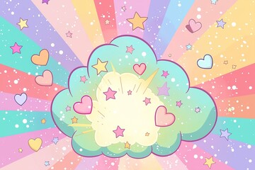 Pastel cloud bursting with colorful hearts, stars and rainbow rays in kawaii pop art style. Joyful design perfect for childrens decor, event invitations or social media graphics.