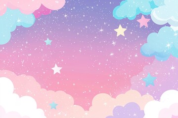 Pastel clouds and sparkling stars fill twilight sky in pink, blue and purple tones. Dreamy atmosphere ideal for childrens decor, backgrounds or stationery.