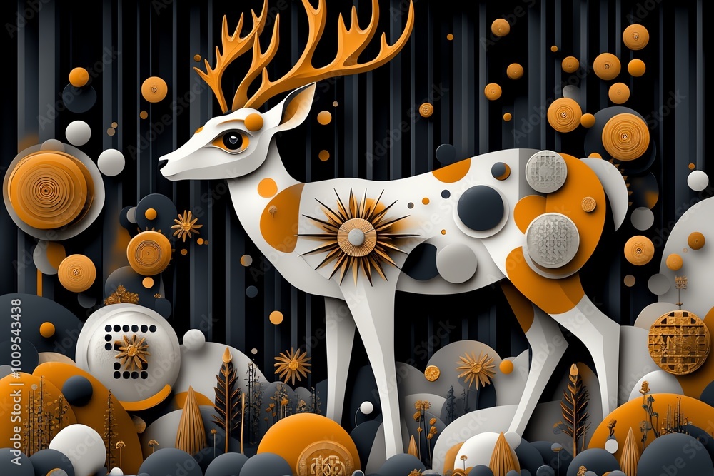 Aufkleber Geometric design of a deer standing in a forest, using abstract shapes and muted colors to represent the connection between fauna and the natural world