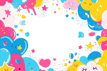 Colorful clouds, hearts and stars form border with space for text. Design is perfect for greeting cards, baby products or party invitations.