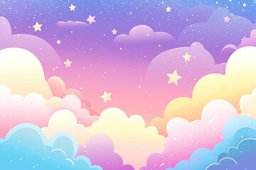 Pastel colorful clouds and stars in gradient night sky. Perfect for kids designs, wallpapers or fantasy products.