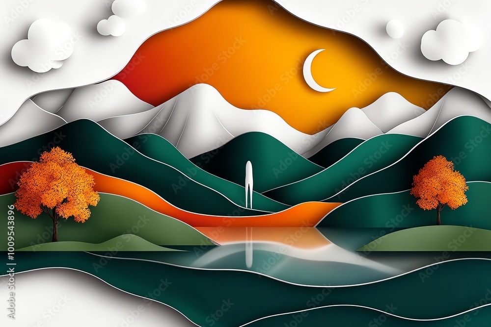 Poster Geometric design of a lone figure standing in a serene landscape, using abstract shapes to symbolize stoic resilience and harmony with nature