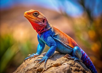 Fototapeta premium Vibrant Agama Lizard Perched on Rock with Colorful Scales in Natural Desert Habitat Environment