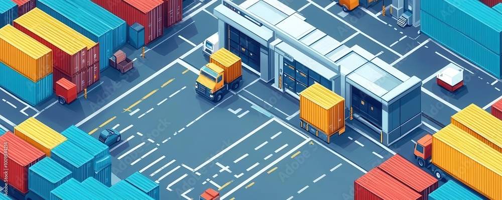 Poster aerial view of a vibrant container terminal with trucks, cargo boxes, and organized pathways for eff