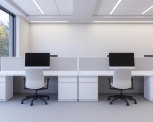 Fototapeta premium Bank office with white desks, large windows, and sleek digital displays, Contemporary, clean lines, soft ambient light