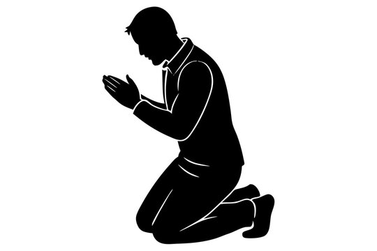 recommend clip art: Man praying and praising God on knees | vector silhouette illustration on white background
