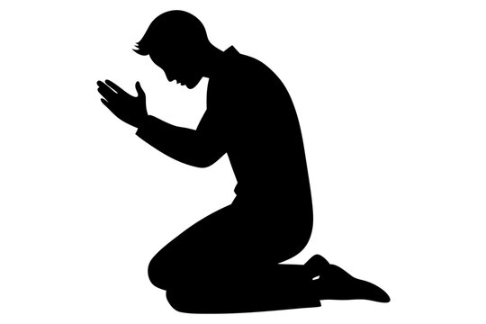 recommend clip art: Man praying and praising God on knees | vector silhouette illustration on white background