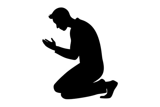 recommend clip art: Man praying and praising God on knees | vector silhouette illustration on white background