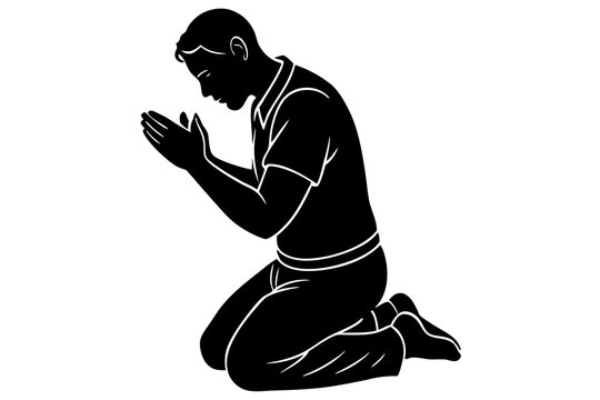 recommend clip art: Man praying and praising God on knees | vector silhouette illustration on white background