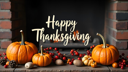 Wooden background with beautiful thanksgiving decor. Autumn Pumpkin Leaf and Fruit Border of happy thanksgiving day text
