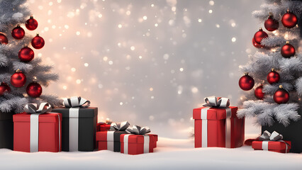 Christmas gifts in red and black wrapping under a snowy tree. generative ai.