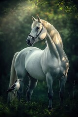 Obraz premium A majestic white horse stands gracefully beside a small bird in a serene, natural setting.