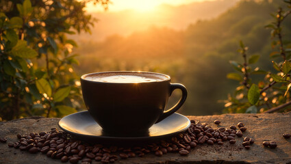 Obraz premium Cozy Coffee Vibes. Matte Black Cup and Coffee Beans at Sunset. A matte black cup with a creamy latte, surrounded by coffee beans, sits against a sunset-lit coffee plantation.