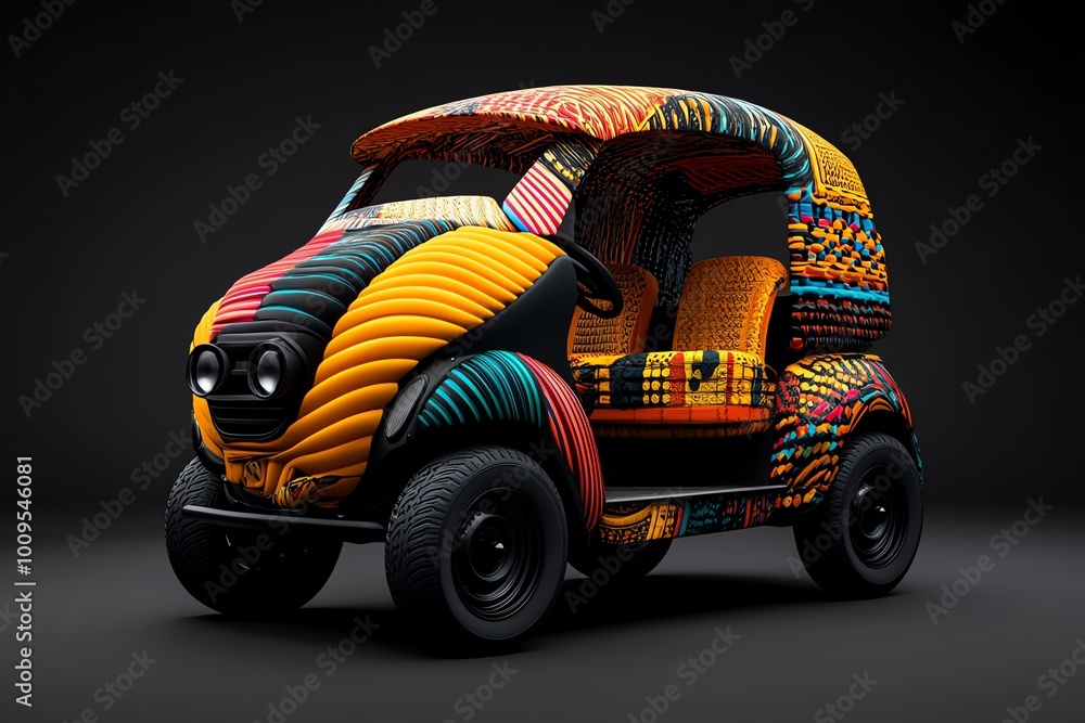 Poster geometric representation of a three-wheeled vehicle, with abstract patterns and vibrant colors formi