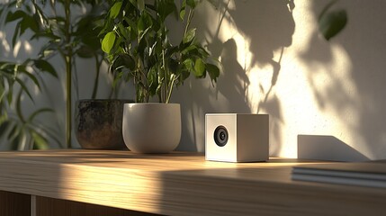 discreet indoor camera placed on a shelf. The camera is cube-shaped, with a wide-angle lens designed for home monitoring. The image emphasizes its small size and wide coverage area.