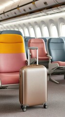 A person walks through a bustling airport terminal, pulling a suitcase while colorful pink and yellow chairs provide a vibrant backdrop against the sleek design of the space