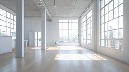 Fototapeta premium A minimalist loft with white walls, natural wood floors, and large, unobstructed windows