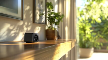 discreet indoor camera placed on a shelf. The camera is cube-shaped, with a wide-angle lens designed for home monitoring. The image emphasizes its small size and wide coverage area.