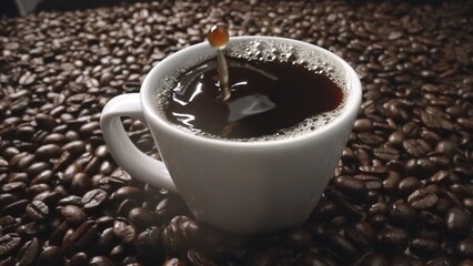 Close up of coffee bean drop in to hot espresso with pile of coffee seed. Macro of freshly roasted bean falling in to cup with aromatic smoke. Slow motion. Organic coffee seed concept. Comestible.
