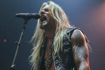 A Male Rock Singer with Long Blonde Hair Singing into a Microphone on Stage