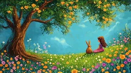 A serene scene of a girl and a rabbit enjoying a vibrant, flower-filled landscape.