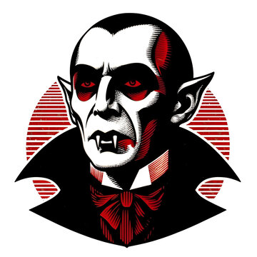 recommend clip art: 	
                    vampire with sharp fangs, pointed ears, and a menacing expression. Bold black and red color scheme, vintage retro style, classic horror, Dracula, Halloween, gothic.