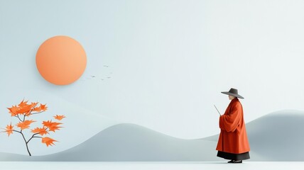 Person in a mountain landscape, performing a ceremonial wellness ritual, with incense and prayer flags in the wind, wellness worshipper, meditation, spiritual journey