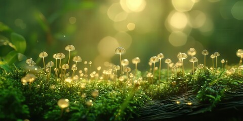 Obraz premium A serene forest scene with glowing mushrooms on moss, capturing nature's beauty.