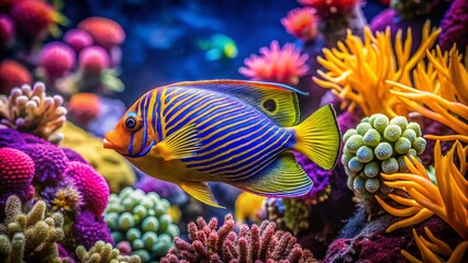 Fototapeta premium Vibrant Angelfish Swimming Gracefully in a Tropical Aquarium Full of Colorful Coral and Plants