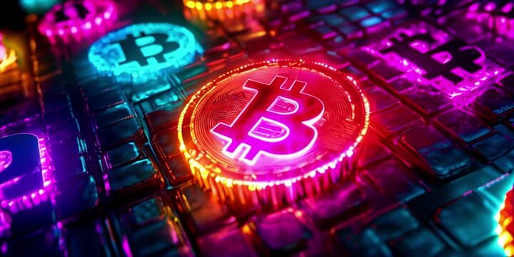 A vibrant Bitcoin symbol glowing with colorful lights on a circuit board background, representing cryptocurrency technology and digital finance. Suitable for tech, blockchain, and finance-related busi