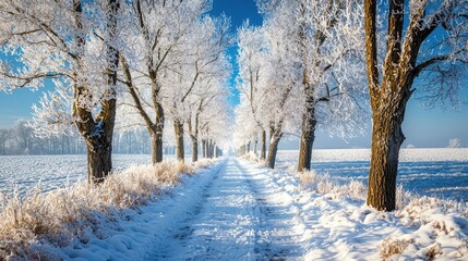 Fototapeta premium Snow-Covered Trees Lining a Path in a Snowy Winter Landscape