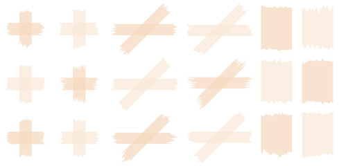 Set of beige semi-transparent washi tapes isolated on white. Tapes collection in vector. Pieces of decorative tape for scrapbooks. Torn paper	