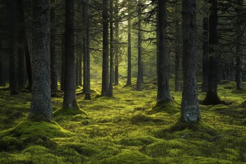 Fototapeta premium A serene forest scene with tall trees and lush green moss covering the ground.