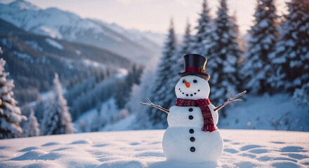 Obraz premium A holiday greeting card with copy-space featuring a happy snowman standing in a landscape with a snowy background. A winter fairytale that is set in a magical winter land 