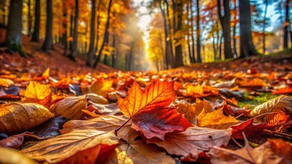 Vibrant Autumn Leaves Falling Gently on a Serene Forest Floor in Golden Light of Late Afternoon