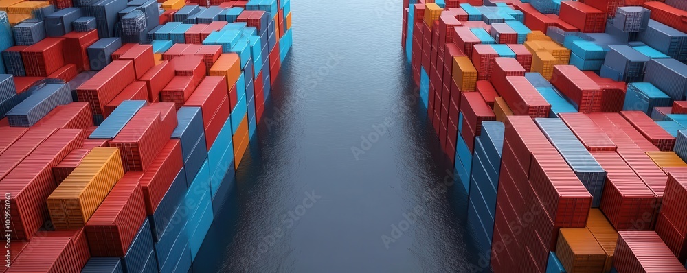Poster aerial view of colorful shipping containers arranged in rows, creating a vibrant and organized port 