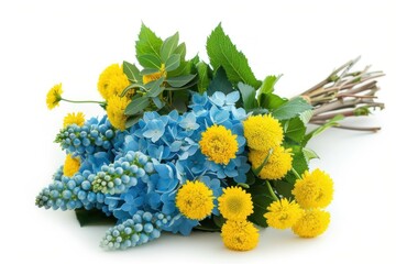 Bouquet from blue hydrangeas and yellow asters sunflower plant leaf.