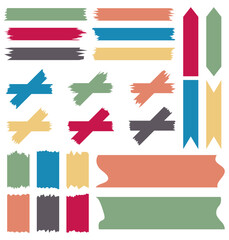Set of colorful washi tapes isolated on white. Tapes collection in vector. Pieces of decorative tape for scrapbooks. Torn paper. Blue, green, yellow, red, gray, orange