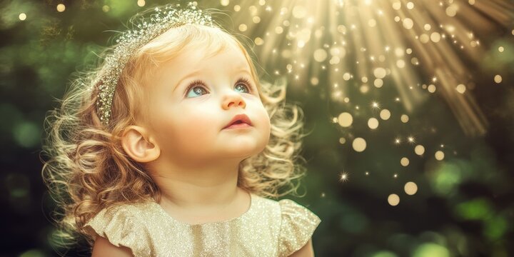 a little girl with a tia on her head